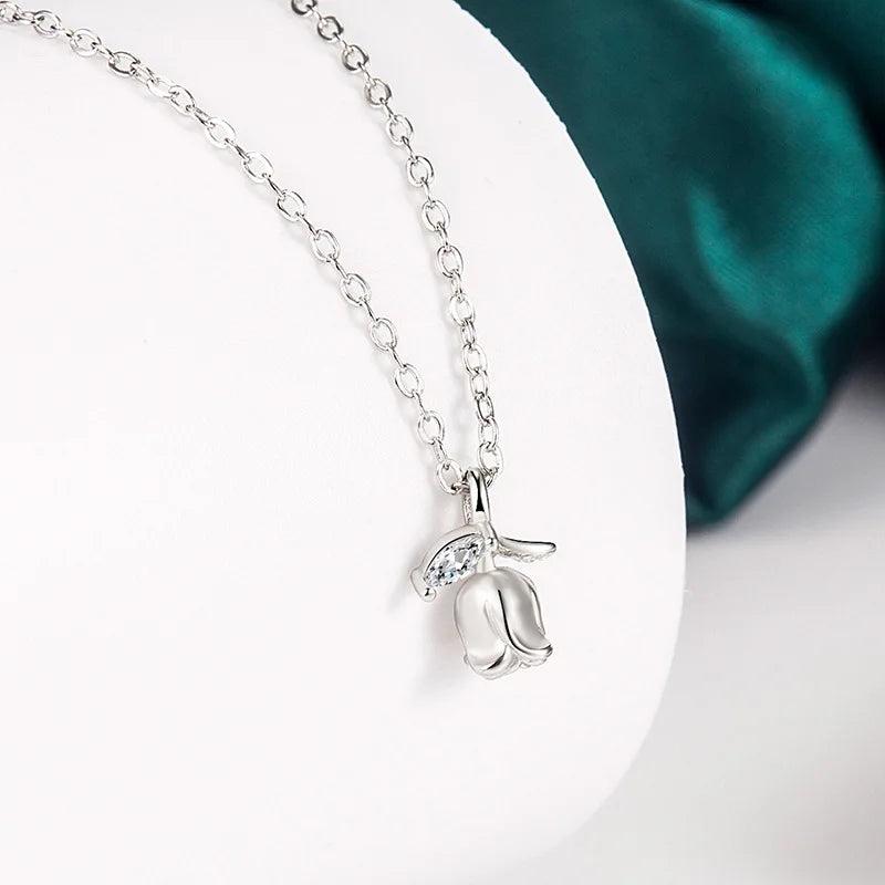 Rose Flower Necklace Anniversary Gift 925 Silver Zircon Tulip Pendant