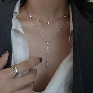 925 Sterling Silver Double-Layer Water Drop Necklace Zircon Pendant Collar Chain