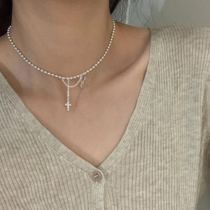 925 Silver Bead Cross Tassels Necklace Choker Jewelry Birthday Gift