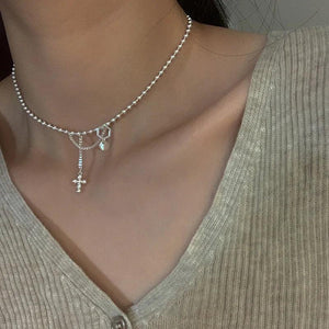 925 Silver Bead Cross Tassels Necklace Choker Jewelry Birthday Gift