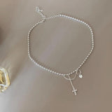 925 Silver Bead Cross Tassels Necklace Choker Jewelry Birthday Gift