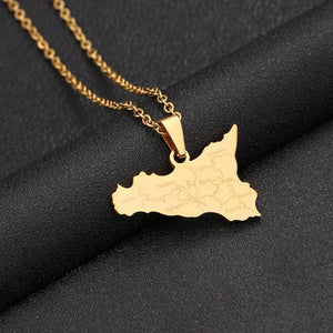 Sicily Map & Cities Pendant Necklace Stainless Steel Italian Jewelry