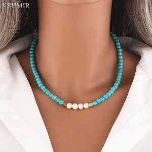 Freshwater Pearl & Turquoise Clavicle Necklace