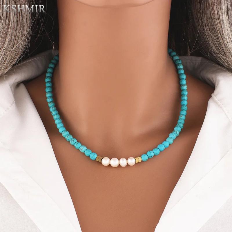 Freshwater Pearl & Turquoise Clavicle Necklace