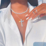 Punk Silver Cross Rhinestone Pendant Necklace for Women