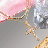 Punk Silver Cross Rhinestone Pendant Necklace for Women
