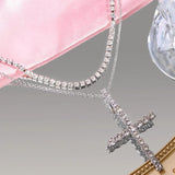 Punk Silver Cross Rhinestone Pendant Necklace for Women