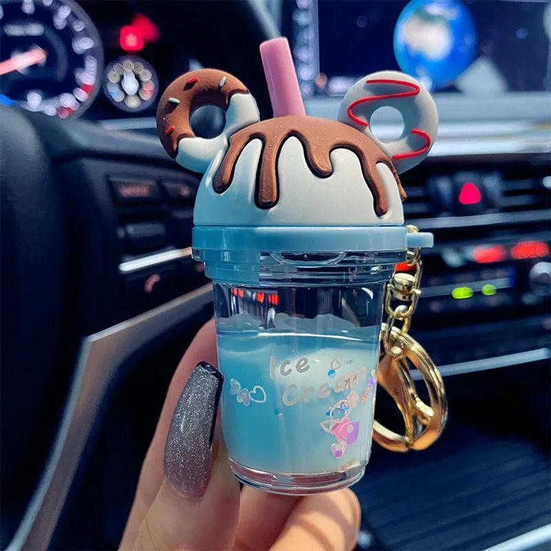 Mouse Head Acrylic Key Chain Liquid Floating Milk Tea Cup Keyring
