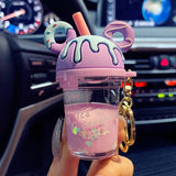 Mouse Head Acrylic Key Chain Liquid Floating Milk Tea Cup Keyring
