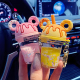 Mouse Head Acrylic Key Chain Liquid Floating Milk Tea Cup Keyring