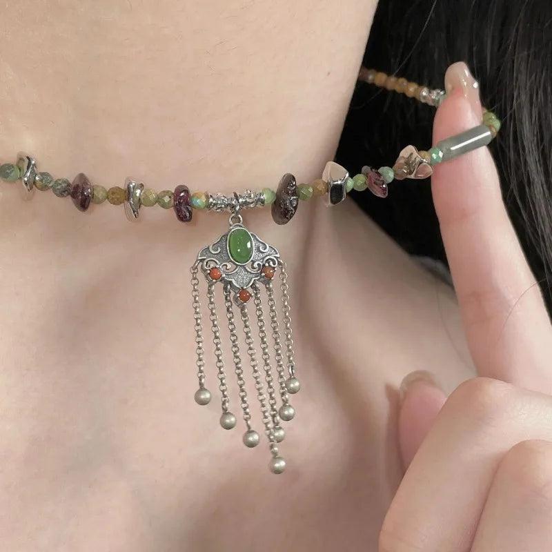 Ethnic Style Jade Peace Lock Pendant Necklace for Women
