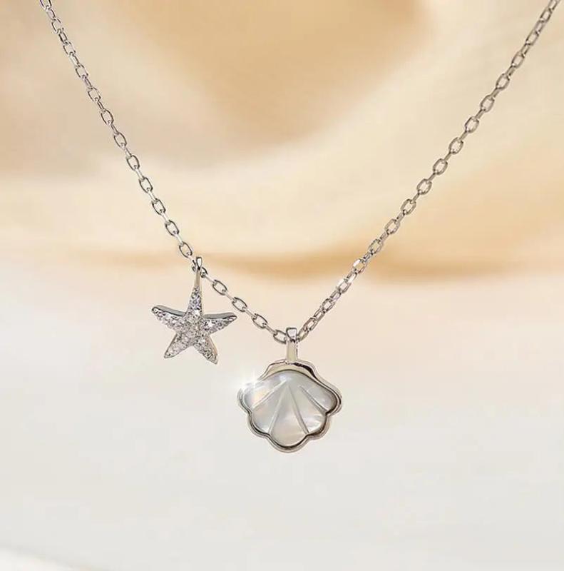 925 Silver Starfish Shell Pendant Necklace Micro-Inlaid Zircon Clavicle Chain