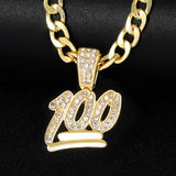 Men Women Hip Hop Number 100 Pendant Necklace with Zircon Tennis Chain