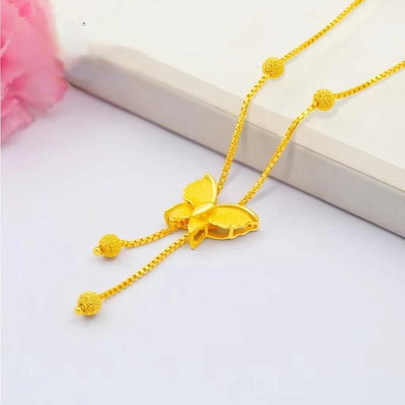 24k Pure Butterfly Pendant Necklace Bracelet Set