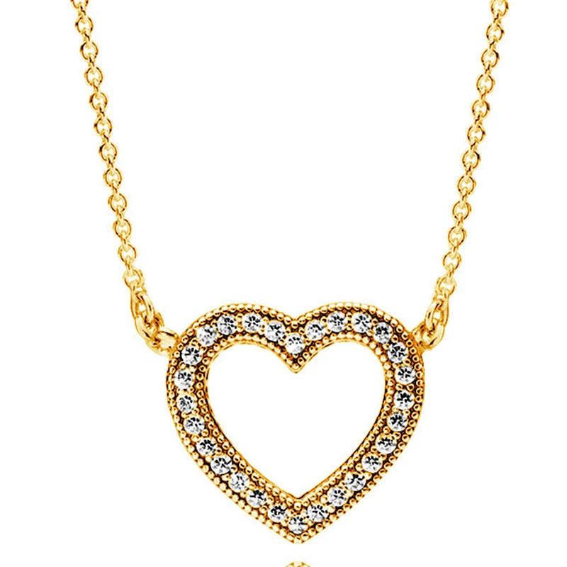 925 Silver Two Tone Heart Circle Collier Necklace Jewelry