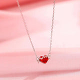 925 Silver Geometric Necklace Red Heart Pendant Collar Chain Zircon Neckchain