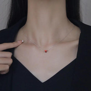 925 Silver Geometric Necklace Red Heart Pendant Collar Chain Zircon Neckchain
