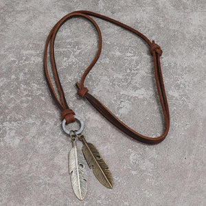 Men's Metal Feather Pendant Necklace Braided Leather Statement Necklaces