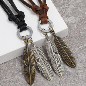 Men's Metal Feather Pendant Necklace Braided Leather Statement Necklaces