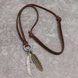 Men's Metal Feather Pendant Necklace Braided Leather Statement Necklaces