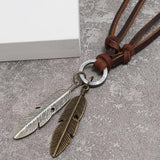 Men's Metal Feather Pendant Necklace Braided Leather Statement Necklaces