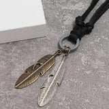 Men's Metal Feather Pendant Necklace Braided Leather Statement Necklaces