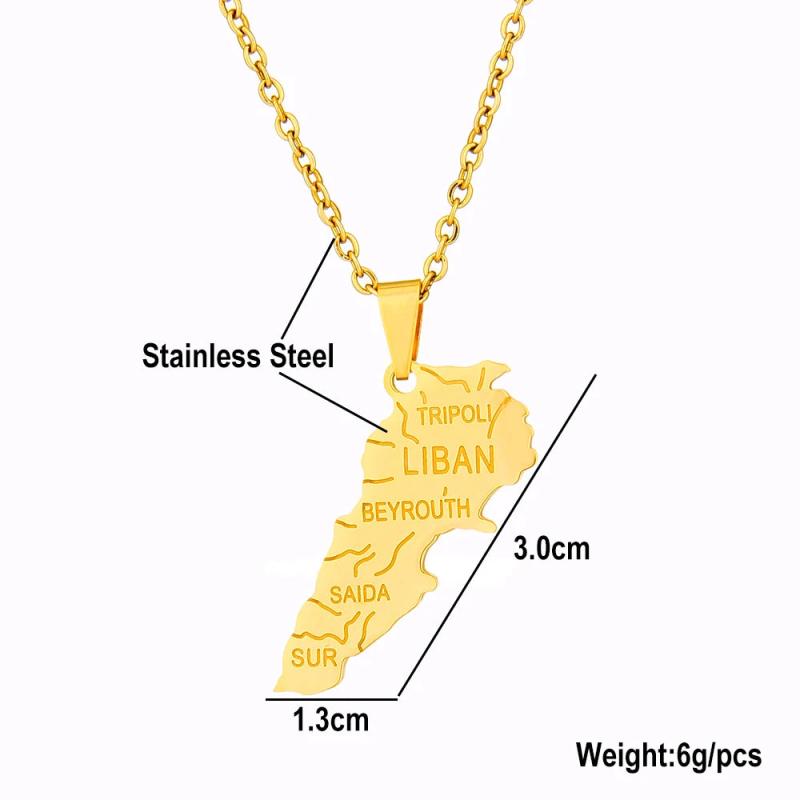 Lebanon Map City Pendant Necklace Stainless Steel Men Women Gold/Steel