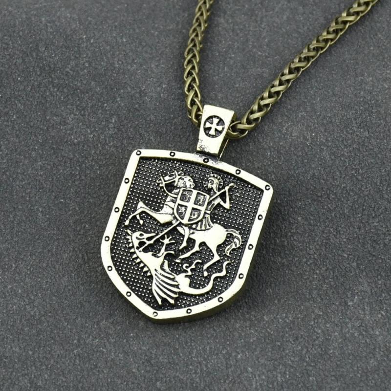 Men Necklace ST.GEORGE ON HORSE KILLS DRAGON Protect US Saint Shield Protection