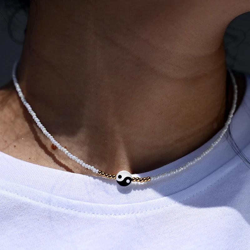 Yin Yang Shell Charm Choker Stainless Steel Necklace