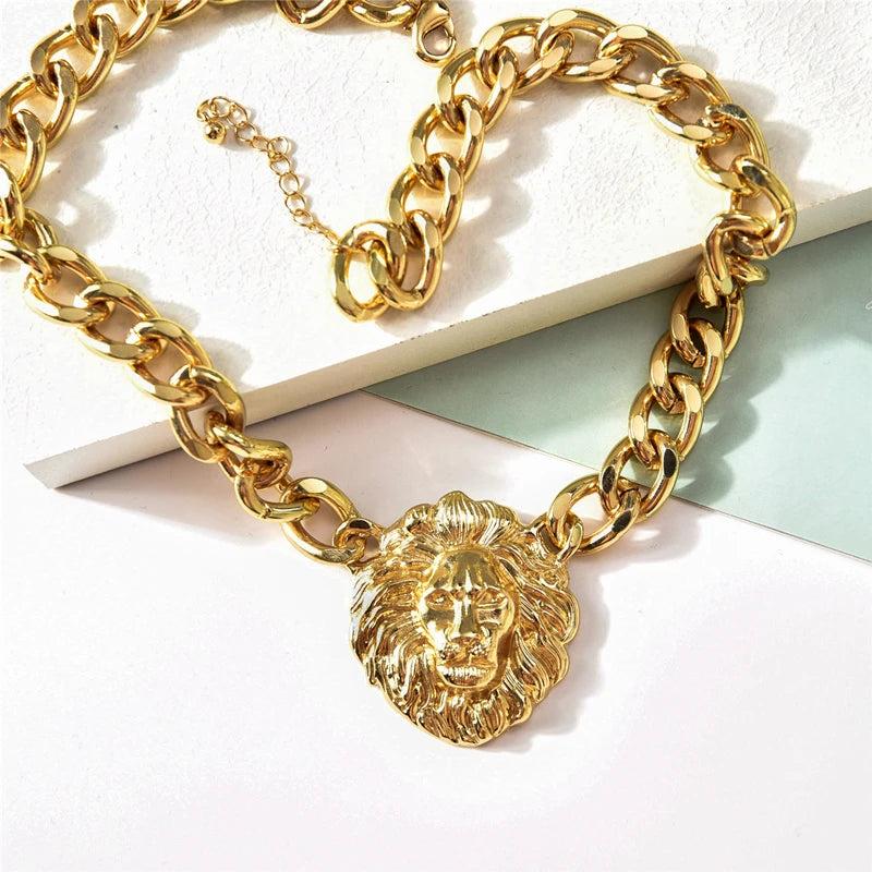 Cuban Link Chains Bar Necklace Lion Head Charms Iced Out Pendant Necklace