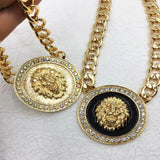 Cuban Link Chains Bar Necklace Lion Head Charms Iced Out Pendant Necklace