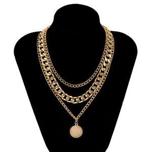 Hip Hop Chinese Character Coin Pendant Necklace Men Women Punk Thick Chains