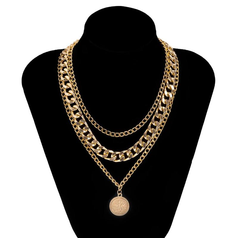 Hip Hop Chinese Character Coin Pendant Necklace Men Women Punk Thick Chains