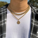 Hip Hop Chinese Character Coin Pendant Necklace Men Women Punk Thick Chains