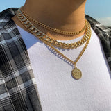 Hip Hop Chinese Character Coin Pendant Necklace Men Women Punk Thick Chains
