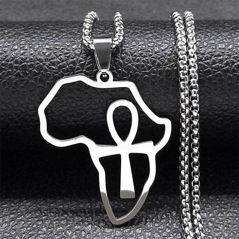Africa Map Ankh Key Of Life Stainless Steel Chain Necklace