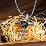 316L Stainless Steel Gothic Skull Cross Pendant Necklace Punk Style Chain