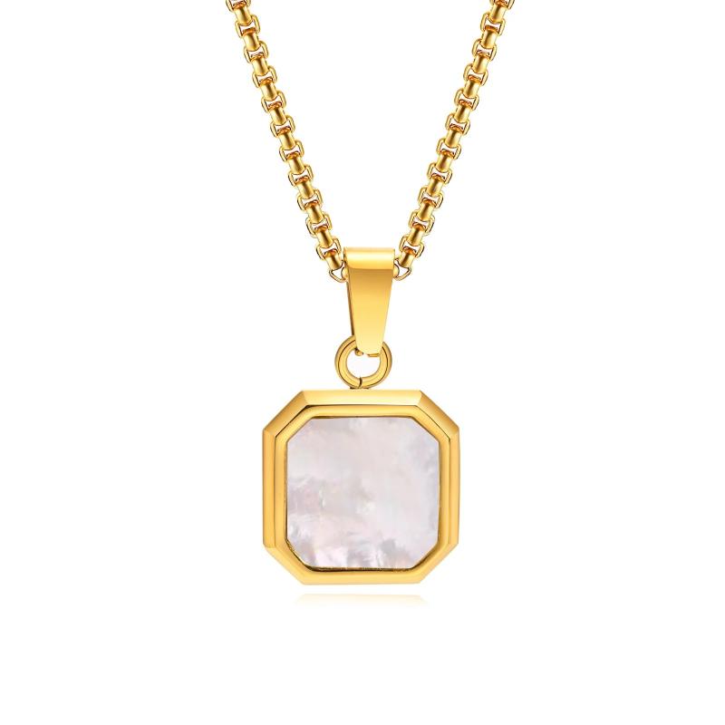 Men's Square Stone Necklace, Geometric Shell Pendant Collar
