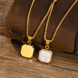 Men's Square Stone Necklace, Geometric Shell Pendant Collar