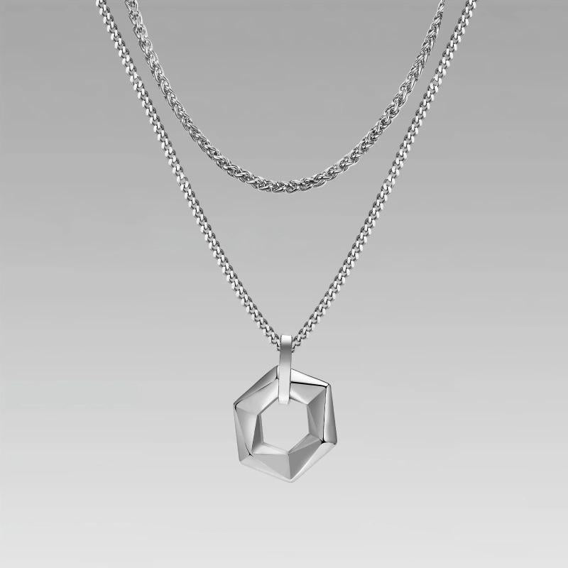 Hexagon Pendant Geometric Necklace with Rope Cuban Chain