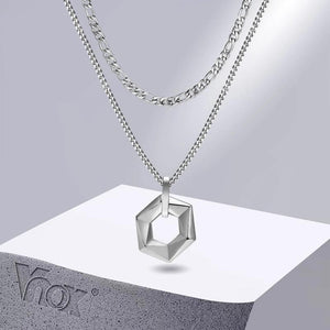 Hexagon Pendant Geometric Necklace with Rope Cuban Chain