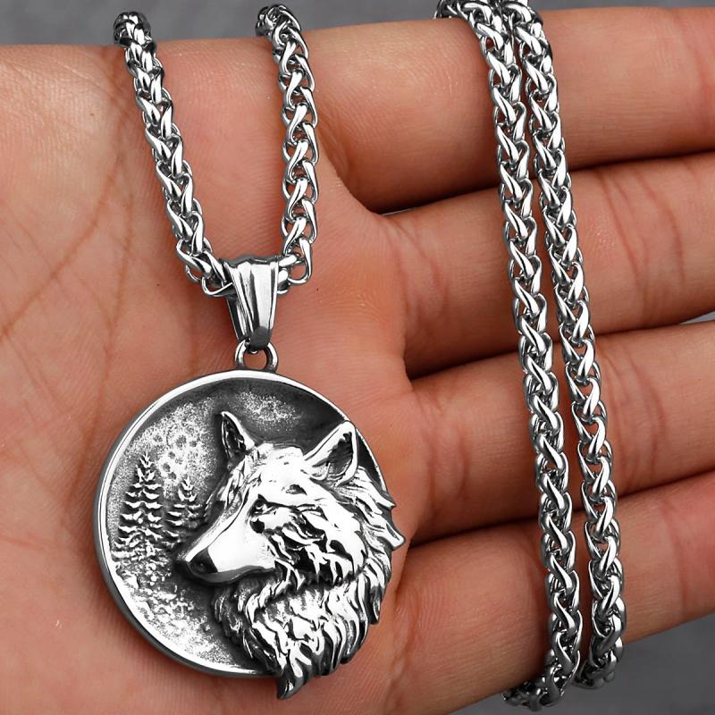 Viking Retro Wolf Head Pendant Stainless Steel Necklace