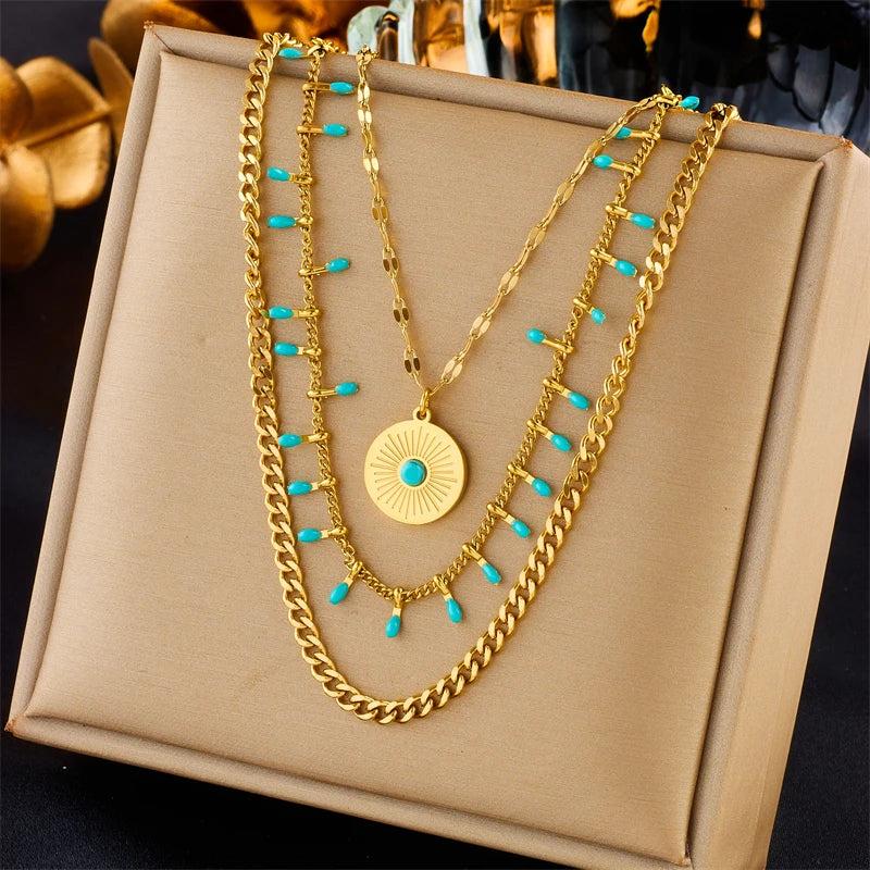 Bohemia Sun Stone Pendant Necklace Multi-layer Chain Jewelry