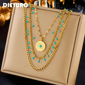 Bohemia Sun Stone Pendant Necklace Multi-layer Chain Jewelry