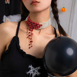 Pearl Choker Necklace Red Beads Tassel Halloween Party Jewelry