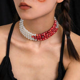 Pearl Choker Necklace Red Beads Tassel Halloween Party Jewelry