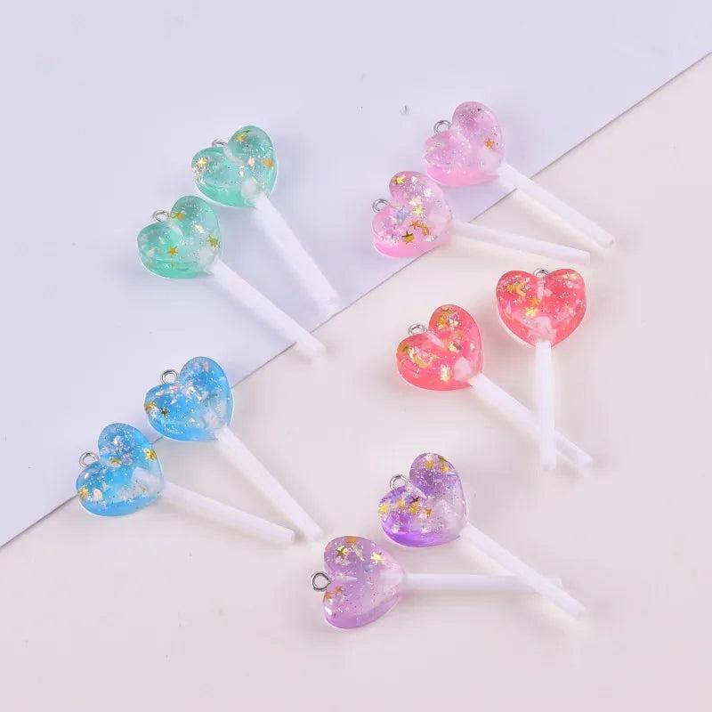 10pcs Glitter Heart Lollipop Resin Charms for DIY Jewelry