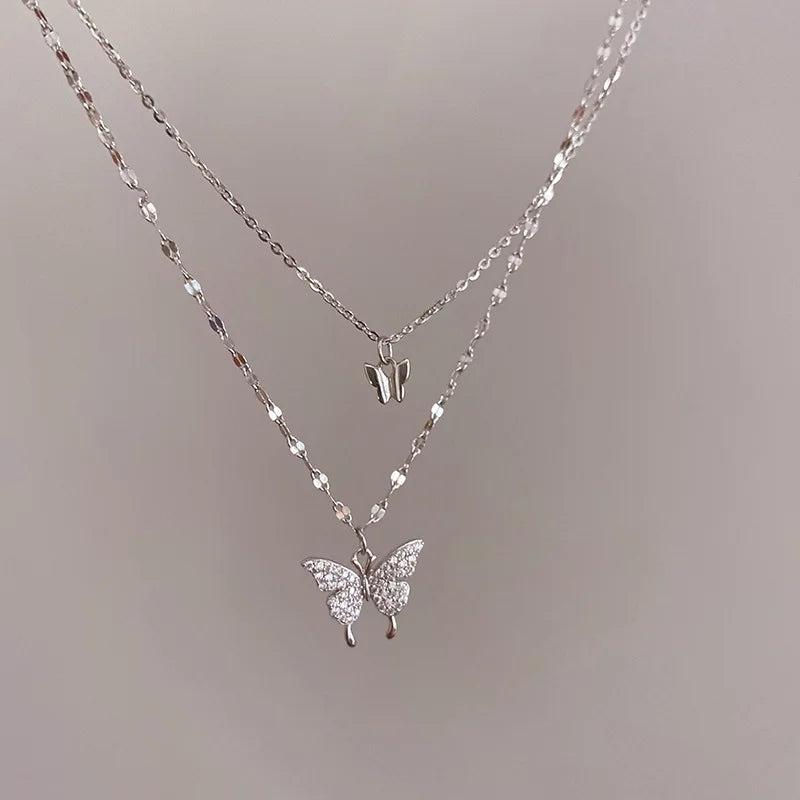 Double Layer Silver Butterfly Necklace for Women S-N173