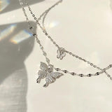 Double Layer Silver Butterfly Necklace for Women S-N173