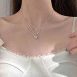 Double Layer Silver Butterfly Necklace for Women S-N173